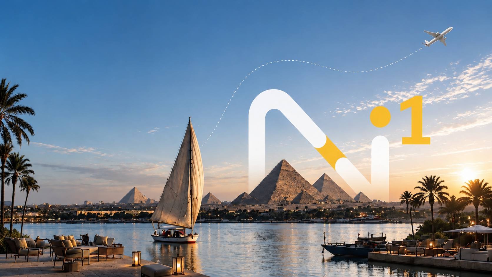 Egypt Nile sunset with pyramids and sailboat